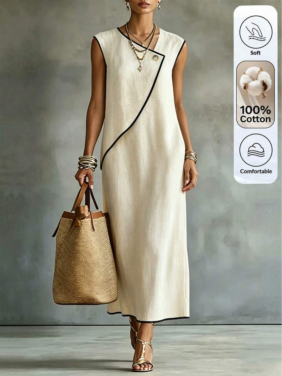 EMERY ROSE Women's Black And White Stripe Color Block Trim Maxi Casual Minimalist Dress, Comfortable For Summer Holiday Holiday Vacation - Apricot - View 1
