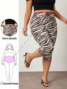 Enliva Plus Size Women Zebra Print Capris, Multi-Color Knitted Fabric, Textured Pattern, High Elasticity, Tummy Control, Casual Patchwork Red Lace Bow - Multicolor - View 9