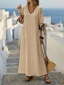 Breezaya Summer Casual Vacation Loose Fit Colorblock Trim V-Neck Women's Dress - Khaki - View 5