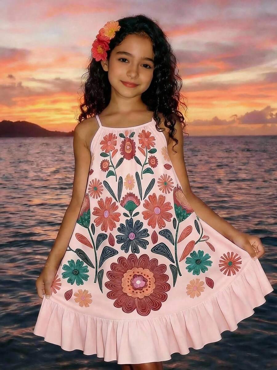 1pc Girls' Sleeveless Dress, Pink Base With Contrast Floral Graphic Print, Ruffle Hem, Casual Vacation Dress, Retro And Vibrant Summer Outing & Holiday Essential - Multicolor - View 1
