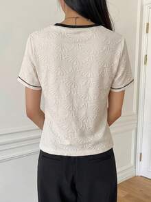 DAZY Color Block Texture Round Neck Loose Short Sleeve Women T-Shirt Summer - Apricot - View 10