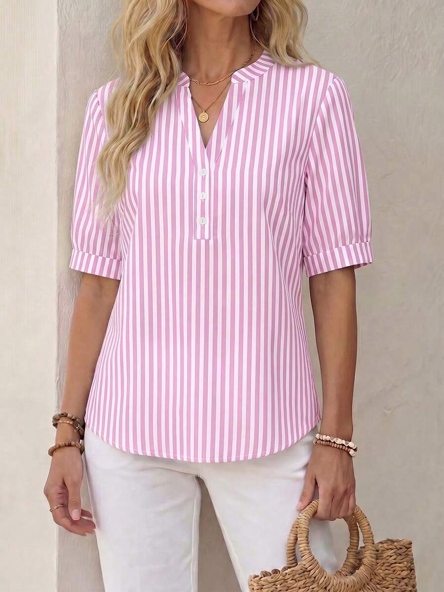 EMERY ROSE Blusa de manga corta con patrón de rayas y bloques de color, adecuada para el trabajo y el uso diario, verano - Multicolor - Ver 1