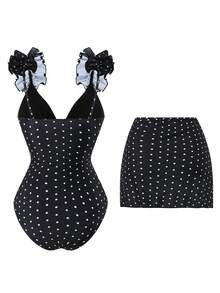Swim Oasis Sommer Strand Damen Einteiler Polka Dot Muster Spaghettiträger Rüschen Elegant Badeanzug + Rock Strandurlaub Sexy Outfit - Schwarz - Übersicht 2