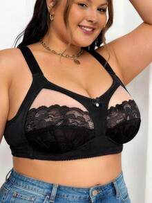 DesireSculpt Plus Size Adjustable Lace Contrast Mesh Comfortable Bra, Spaghetti Strap, Lift Support, Wireless, For Large Bust - Black - View 7