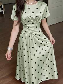 Feyla Women's Colorblock Polka Dot Print Short Sleeve Long Dress - Green - View 5