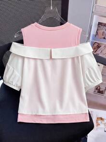 Tween Girl Summer Casual Vacation Daily Commute Cold Shoulder 2 In 1 Top - Multicolor - View 2