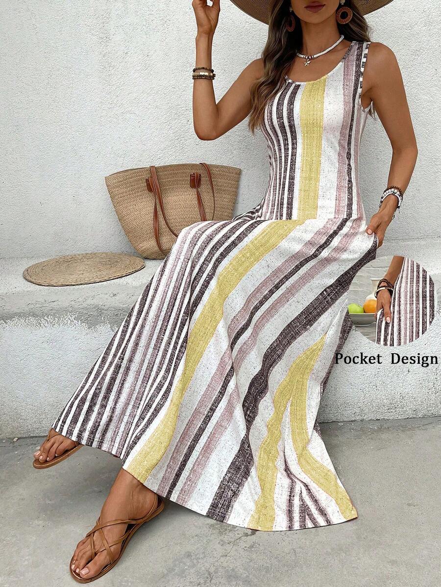 EMERY ROSE Women's Casual Striped Round Neck Sleeveless Dress, Suitable For Vacation,Features Practical Pocket Design,Fashionable For Summer - Pale Yellow - View 1
