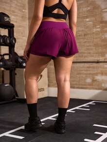 Powerista Women's Plus Size Solid Color High Waist Zipper Pocket Sports Shorts For Summer - Purple - View 2