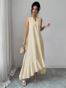 Elenzga Sommer Ärmellos Kunstleinen Hellkhaki V-Ausschnitt Asymmetrischer Rüschensaum Lockeres Kleid Lässig Urlaub Bequem Outfit - Khaki - Übersicht 4