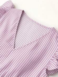 SHEIN PETITE Women's Striped Pattern Waist Pleated Ruffle Long Dress - Purple - View 6