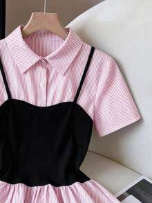 GlowEve Camisa de moda 2 en 1 para mujer con rayas de contraste, manga corta, volantes y botones delanteros, adecuada para vacaciones de primavera/verano, uso casual diario y versátil - Rosa Fucsia - Ver 4