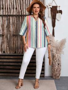 EMERY ROSE Casual Minimalist Style Colorful Faux Texture All-Over Print Pattern Vacation Stripe Women's 3/4 Sleeve Shirt Suitable For Spring And Summer - Multicolor - View 3