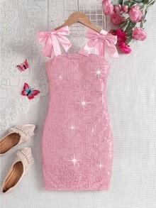 SHEIN Tween Girls 优雅网眼珍珠刺绣细肩带修身连衣裙 - 粉色 - 查看 1