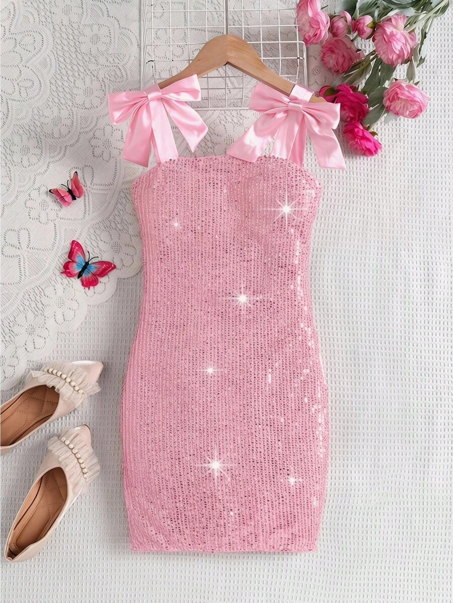SHEIN Tween Girls 优雅网眼珍珠刺绣细肩带修身连衣裙 - 粉色 - 查看 1