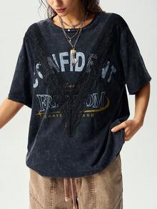Bohemela Casual Graphic Grunge Solid Color Knit Round Neck Short Sleeve Loose Washed Women's T-Shirt Music Grey Summer - Black - View 4
