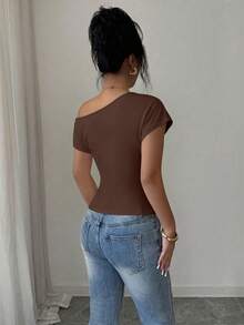 Elenzga Asymmetrical Asymmetric Shoulder Ruffle Neck Waist-Cinching Contrast Button Design Summer Short Sleeve T-Shirt - Coffee Brown - View 2