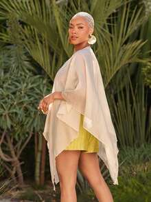 Vixey Top cape en mousseline texturée transparente, tenue de villégiature, vacances, tropical, de la plage au dîner, chic de villégiature, prêt pour les vacances, beige, automne, décontracté - Kaki - Voir 2