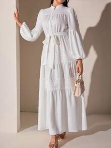 Veilorie Robe arabe élégante pour femmes avec manches lanterne en dentelle contrastée pour les vacances - Blanc - Voir 6