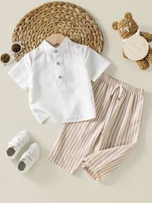 SHEIN Playful Pals Baby Boy Summer Casual Solid Color Shirt And Striped Pants Set - White - View 3