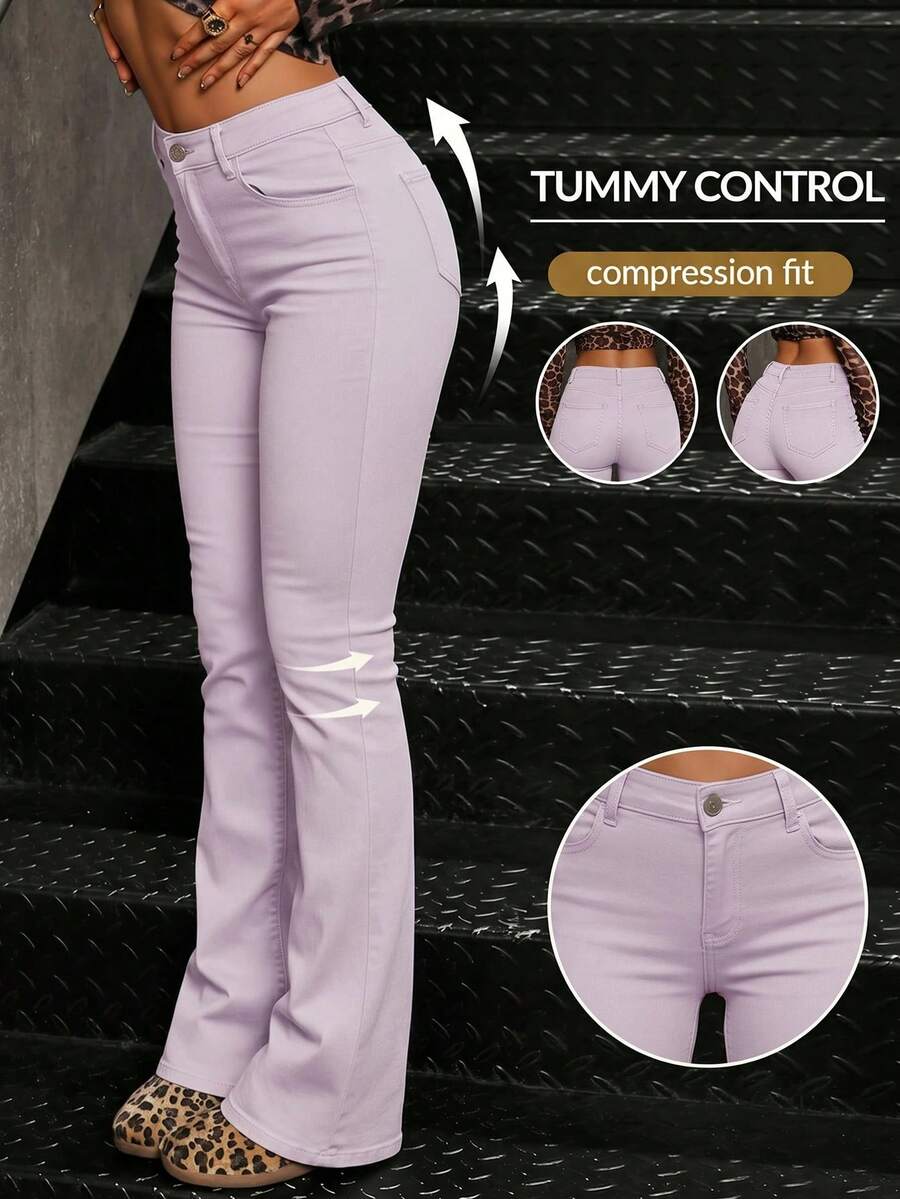 SHEIN Tall Women's Fashion Solid Color Slant Pocket Mid-Waist Denim Flare Pants - Purple - View 1
