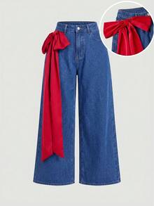 SHEIN MOD Plus Size Women's Zipper Fly Side 3D Bow Decor Loose Wide Leg Jeans - Blue - View 1