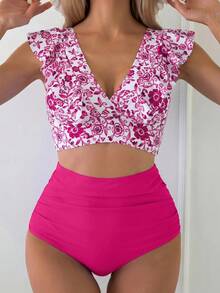 Swim Lushoire Women's V-Neck Pleated Ruffle Swim Top And Solid Color Swim Bottoms Bikini Set Beach Pool Party Vacation White Colorful Summer Jamican Sexy Tropical - Hot Pink - View 1