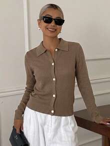 Strévra Women's Summer Lapel Short Sleeve Knit Top - Coffee Brown - View 4