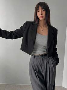 DAZY Spring And Autumn Casual Solid Color Lapel Collar Short Blazer Jacket,Fall Women Clothes Business Attire - Black - View 6