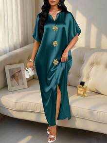 SHEIN Lady 四季通用度假洋裝/婚禮賓客套裝/舞會禮服/金色/晚禮服/金色女款緞面提花前開衩洋裝，休閒派對優雅風 - 墨綠色 - 查看 5