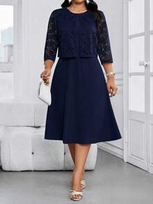 SHEIN Lady CURVE 大尺碼女款圓領蕾絲上衣與裙子休閒日常兩件套 - 藏蓝色 - 查看 6