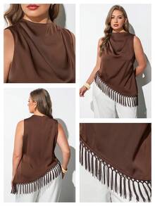 Maija Blusa de talla grande color marrón chocolate, otoño, elegante, sin mangas, cuello drapeado, dobladillo asimétrico con flecos, estilo old money, invitada a boda, casual de negocios - Marrón - Ver 8