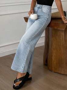DAZY Solid Color Loose Flare Pants With Split Line Pockets Casual Old Money Street Style Autumn Women Long Pants - Blue - View 5