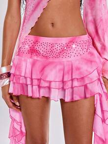 ROMWE Y2K Spring/Summer Vacation Sexy Wild Hot Gradient Print Waist Rhinestone Embellished Ruffle Hem Women's Mini Cake Skirt - Baby Pink - View 2