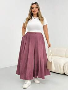 SHEIN CURVE+ 大尺碼女款夏季休閒素色寬腿褲裙 - 中紫紅色 - 查看 5