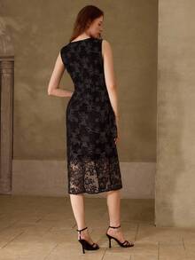 MOTF PREMIUM EMBROIDERY MESH SHEER V-NECK SPLIT THIGH MIDI DRESS - Black - View 3