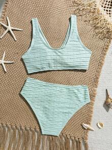 SHEIN Set Bikini Tanpa Lengan Warna Polos untuk Remaja Putri, Pakaian Renang Kasual - Hijau - View 2