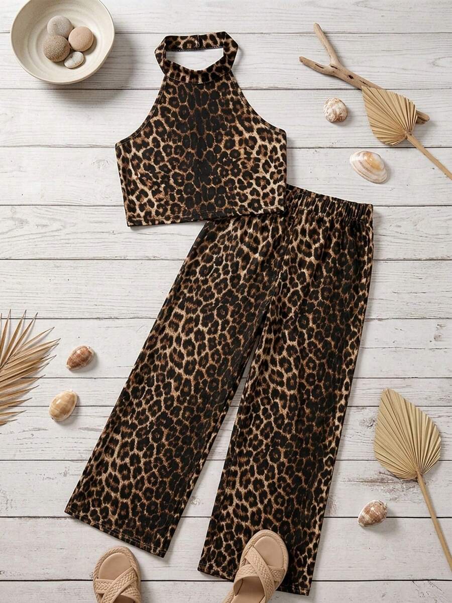 SHEIN 少女度假休閒梭織素色掛脖上衣與寬腿長褲套裝 - 彩色 - 查看 1