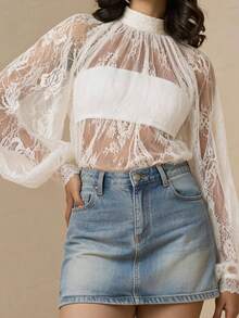Travachic Lace Sheer Mesh Blouse For Women Summer Top Holiday Outfits For Women - White - View 4