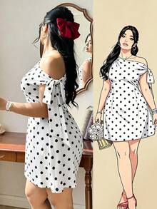 Elenzga Plus Size Women's Asymmetrical Shoulder Tie Waist Elegant Outing Dress - Black and White - View 1