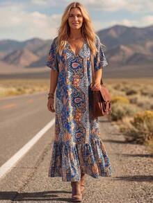 LanaWest Women's Vintage Boho Country Paisley Maxi Dress, Elegant Button Front Split Hem Long Sundress For Resort Road Trip Western Farm Party - Navy Blue - View 5