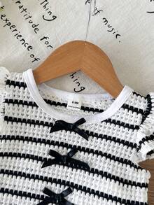 SHEIN Infant/Toddler (Girl) Striped Pattern Bow Decor Flutter Sleeve T-Shirt And Shorts Set - Black and White - View 8