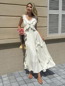Livesso Vestido largo sin mangas con ribete de volantes para mujer vacaciones - Blanco - Ver 4