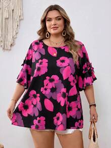 SHEIN CURVE+ 大尺碼女款夏季休閒碎花印花寬鬆襯衫 - 彩色 - 查看 1