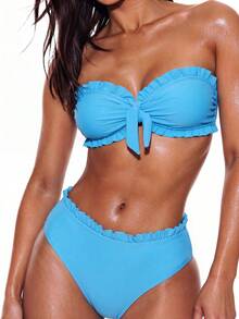Swim Basics Women's Summer Beach Solid Color Ruffle Trim Bandeau Bikini Set With Front Knot, Two Pieces Swimwear Black Bathing Suits - Blue - Ver 5