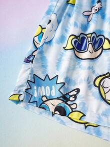 THE POWERPUFF GIRLS X SHEIN 女款卡通印花單排扣短袖上衣與休閒短褲睡衣套裝 - 藍色 - 查看 7