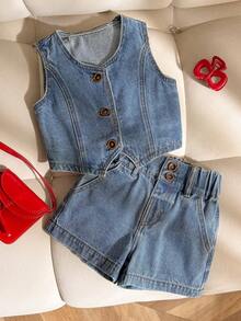 2pcs/Set Young Girl Denim Outfit, Summer, Soft, Cotton, Casual, Fashion, Versatile, Daily, Loose & Comfortable, Minimalist, Cute V-Neck Sleeveless, Contrast Stitching Design, Elastic Waist, Loose Fit, Vintage Classic Dark Blue Washed V-Neck Sleeveless Denim Vest + All-Match Denim Shorts, Suitable For Casual, Vacation, Daily - Medium Wash - View 1