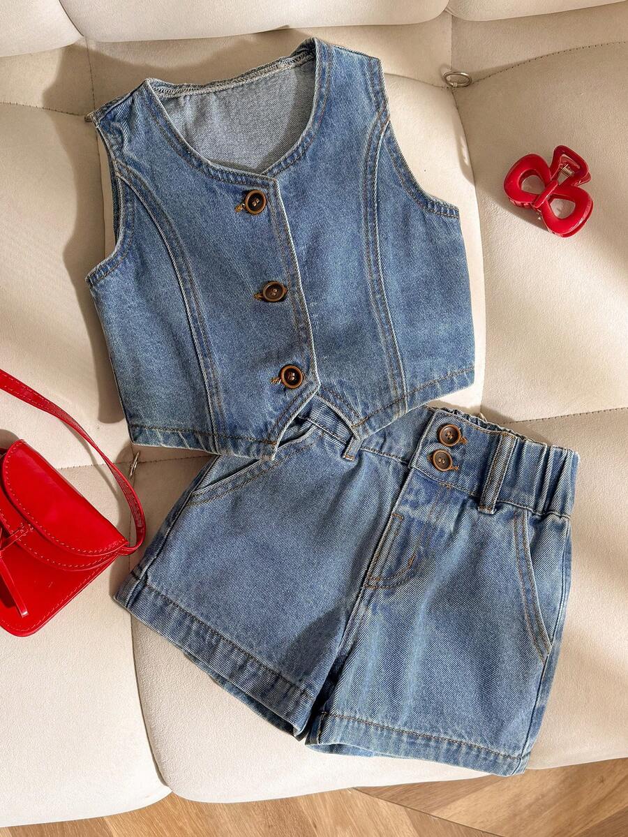 2pcs/Set Young Girl Denim Outfit, Summer, Soft, Cotton, Casual, Fashion, Versatile, Daily, Loose & Comfortable, Minimalist, Cute V-Neck Sleeveless, Contrast Stitching Design, Elastic Waist, Loose Fit, Vintage Classic Dark Blue Washed V-Neck Sleeveless Denim Vest + All-Match Denim Shorts, Suitable For Casual, Vacation, Daily - Medium Wash - View 1