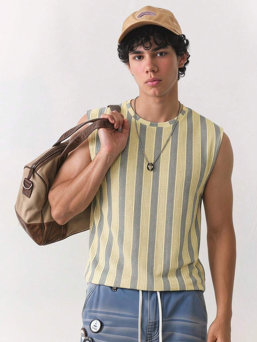 NORVETH Men's Fashionable Striped Casual Sleeveless Tank Top, Summer - Grey - View 1