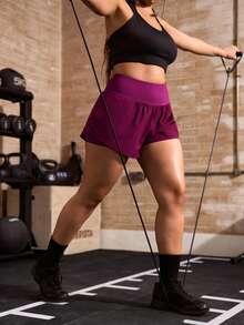 Powerista Women's Plus Size Solid Color High Waist Zipper Pocket Sports Shorts For Summer - Purple - View 1