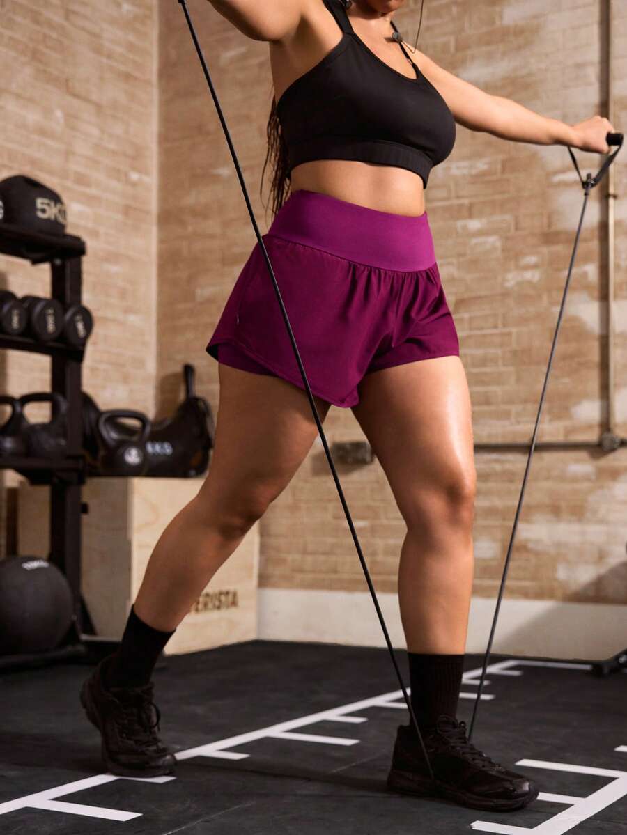 Powerista Women's Plus Size Solid Color High Waist Zipper Pocket Sports Shorts For Summer - Purple - View 1